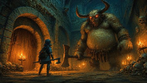 GRID THUMBNAIL — A small adventurer confronts a hulking horned demon with a double-headed axe inside a firelit stone dungeon lined with skulls and candles.