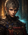 GRID THUMBNAIL — Androgynous elf knight in ornate gold-trimmed armour, one purple eye, firelit, standing before a misty gothic cathedral interior with arches.