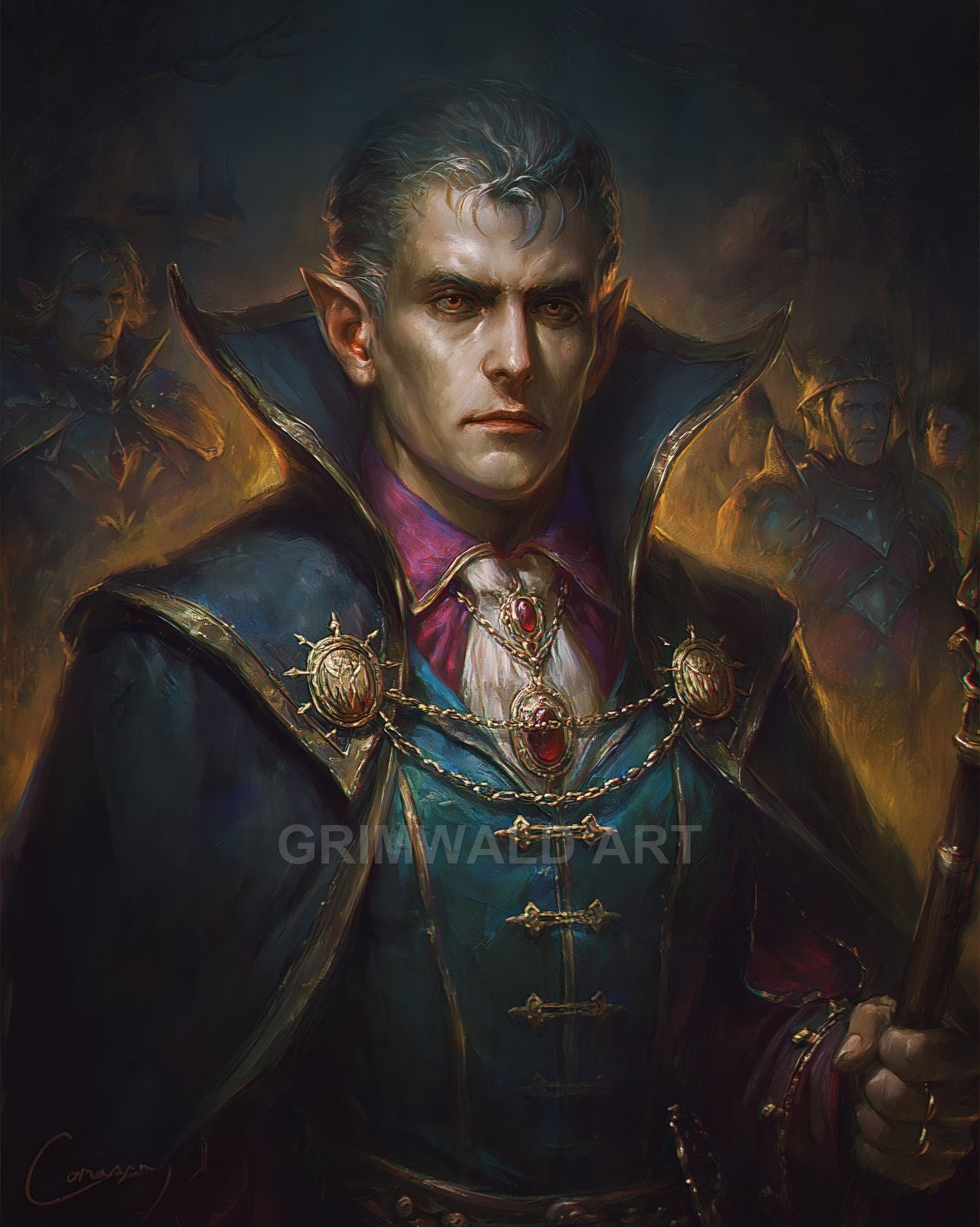 Portrait of a stern male elf sorcerer in ornate teal robes, holding a staff before a firelit castle, with shadowed attendants behind.