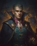 GRID THUMBNAIL — Portrait of a stern male elf sorcerer in ornate teal robes, holding a staff before a firelit castle, with shadowed attendants behind.