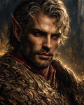 GRID THUMBNAIL — Close-up portrait of a male elf with pointed ears and leaf-covered armour, lit by warm firelight, intense gaze, tousled hair, dark smoky background.