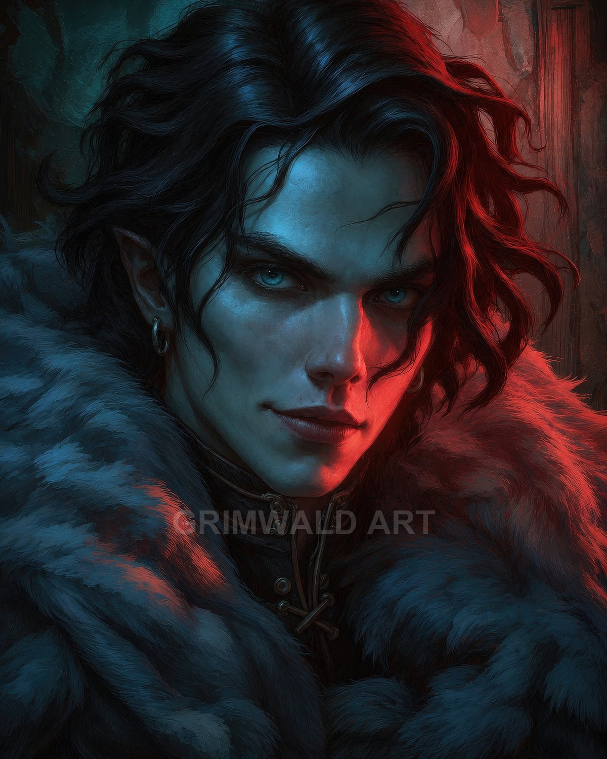 Close-up portrait of an androgynous elf in a thick fur cloak, blue eyes and pointed ear, dramatic red firelight against cool blue shadows.