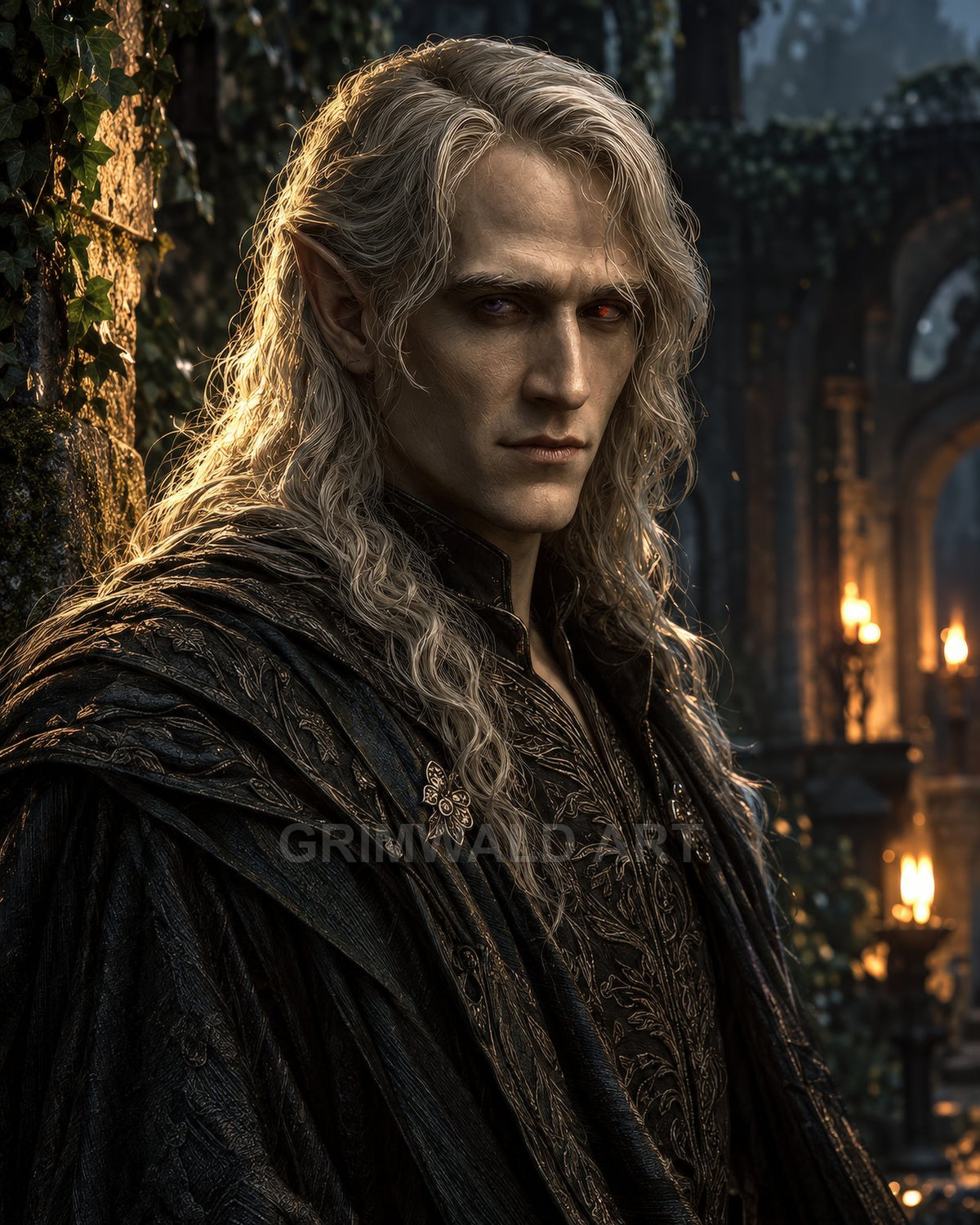 Firelit portrait of a silver-haired male elf in ornate dark robes, pointed ears and heterochromia, before ivy-covered stone arches and torches.