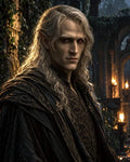 GRID THUMBNAIL — Firelit portrait of a silver-haired male elf in ornate dark robes, pointed ears and heterochromia, before ivy-covered stone arches and torches.
