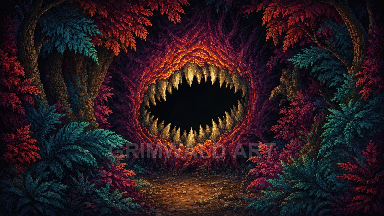 A colourful enchanted forest frames a gaping, tooth-lined cavern shaped like a monstrous mouth, its fiery orange glow illuminating a leaf-strewn path.