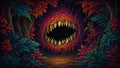 GRID THUMBNAIL — A colourful enchanted forest frames a gaping, tooth-lined cavern shaped like a monstrous mouth, its fiery orange glow illuminating a leaf-strewn path.