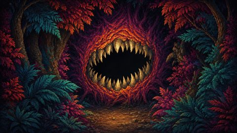 GRID THUMBNAIL — A colourful enchanted forest frames a gaping, tooth-lined cavern shaped like a monstrous mouth, its fiery orange glow illuminating a leaf-strewn path.