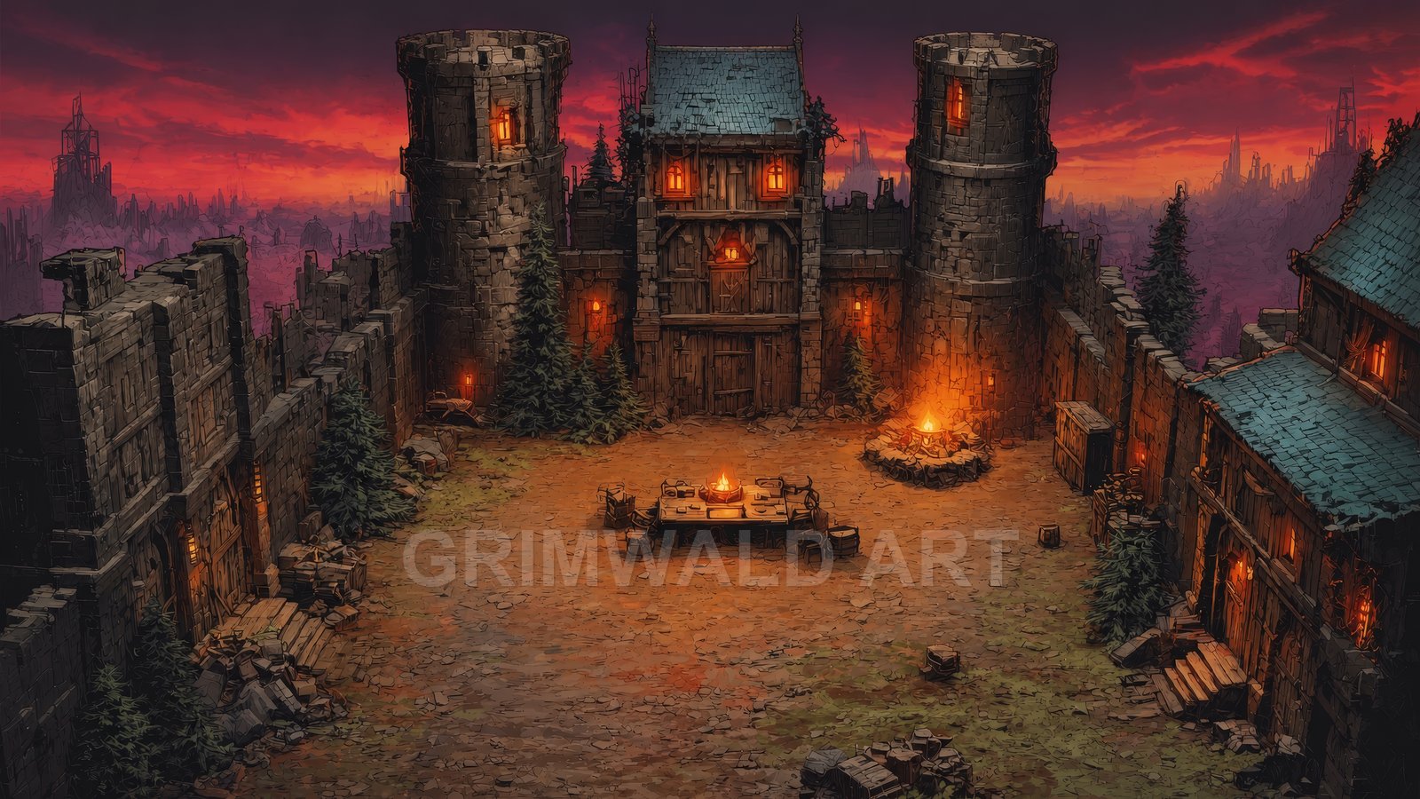 A medieval stone fortress courtyard glows with torches and campfires at twilight, flanked by towers and pines, under a crimson sky.