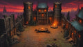 GRID THUMBNAIL — A medieval stone fortress courtyard glows with torches and campfires at twilight, flanked by towers and pines, under a crimson sky.
