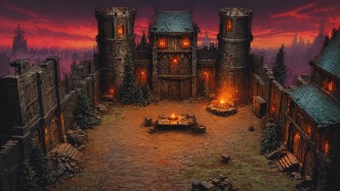 GRID THUMBNAIL — A medieval stone fortress courtyard glows with torches and campfires at twilight, flanked by towers and pines, under a crimson sky.