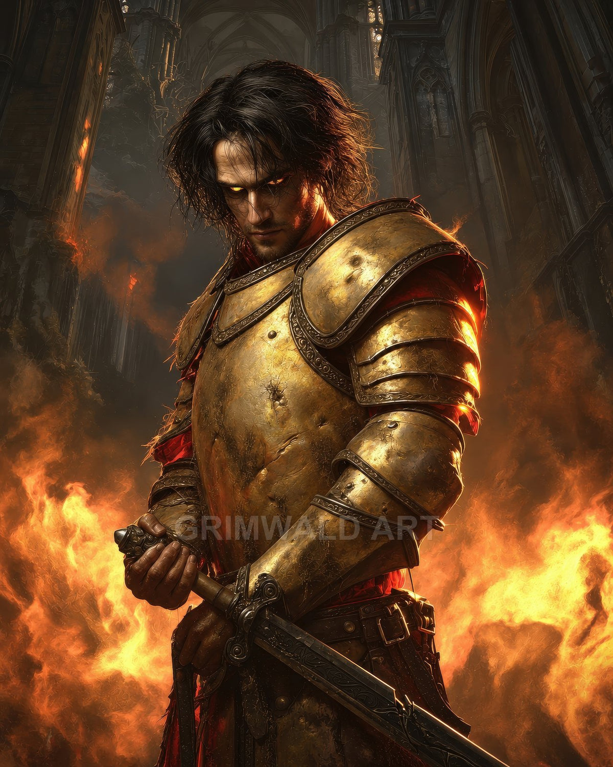 Armoured knight with glowing eyes grips an ornate sword amid roaring flames inside a vast gothic cathedral, lit by fiery orange light.
