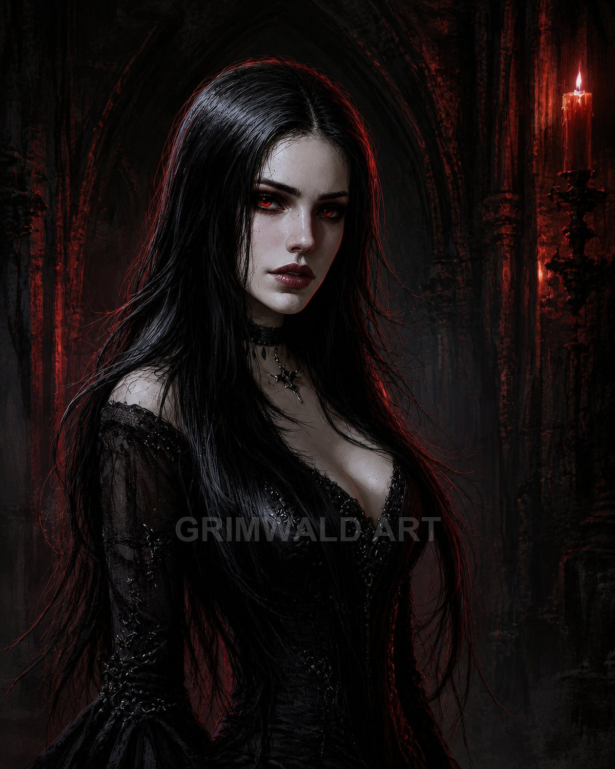 Gothic vampire woman with red eyes and long black hair in a lace dress, standing in a dim cathedral, lit by red candle.