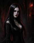 GRID THUMBNAIL — Gothic vampire woman with red eyes and long black hair in a lace dress, standing in a dim cathedral, lit by red candle.
