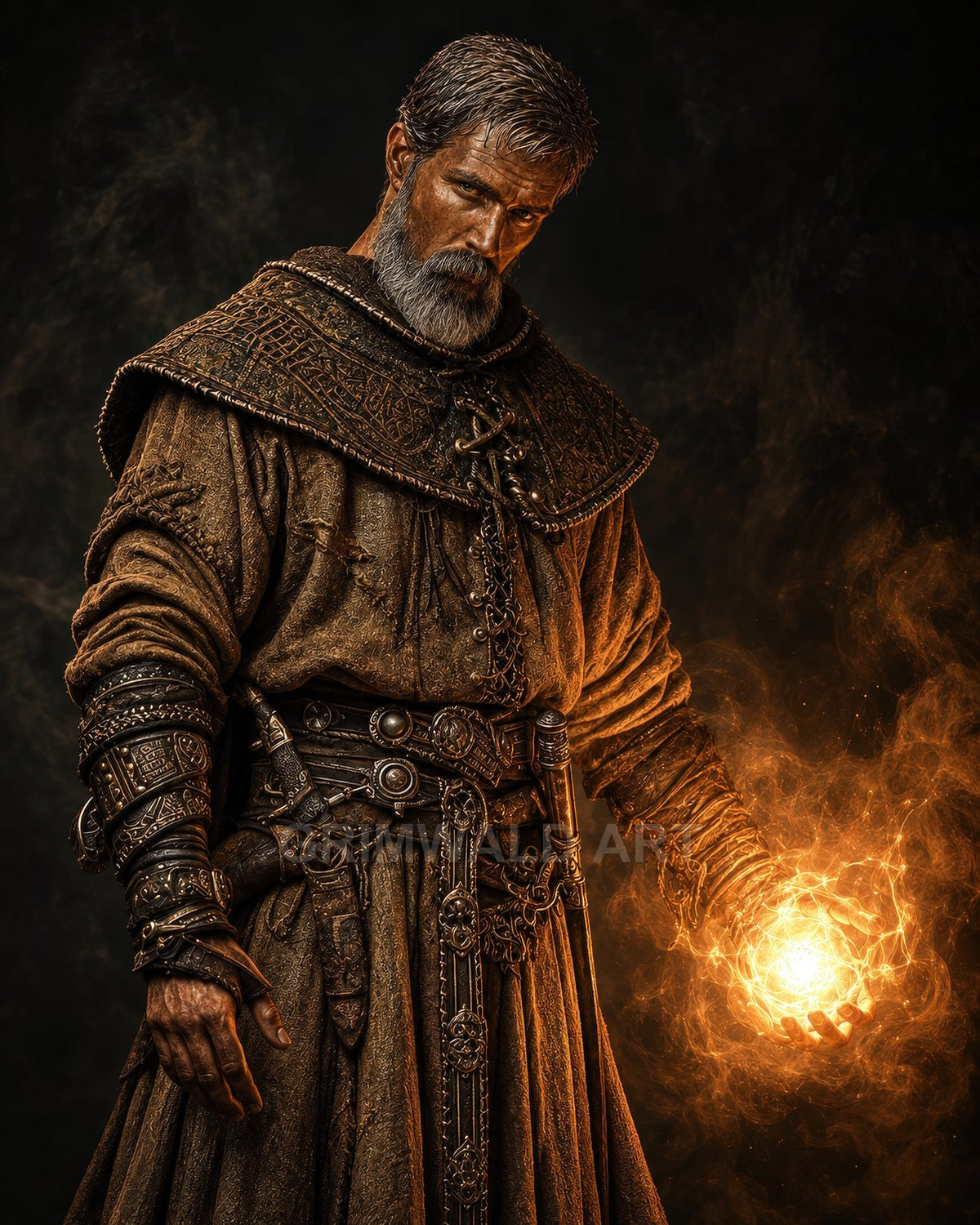 Older bearded wizard in ornate robes conjures a glowing golden orb of magic in his hand against a dark, smoky background.