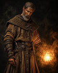 GRID THUMBNAIL — Older bearded wizard in ornate robes conjures a glowing golden orb of magic in his hand against a dark, smoky background.