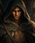 GRID THUMBNAIL — Close-up portrait of a hooded male adventurer in weathered cloak and carved leather armour, firelit highlights, intense gaze against a dark, atmospheric background.