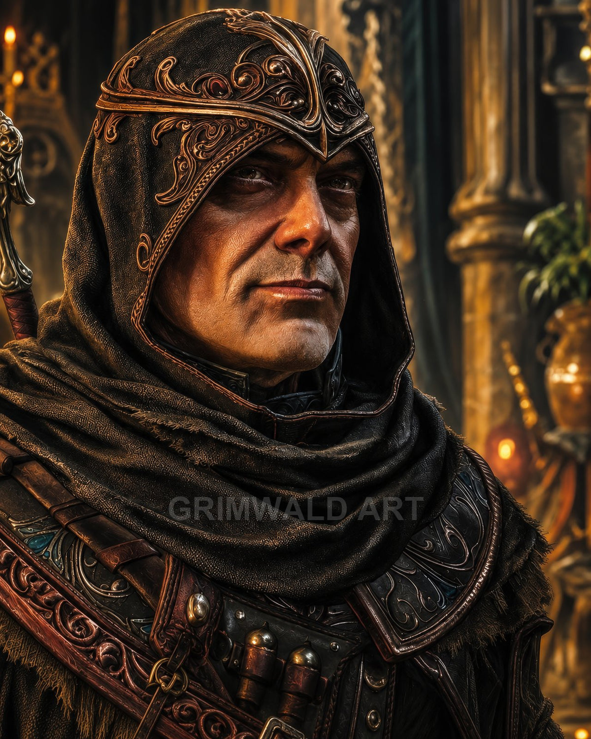 Portrait of a hooded male alchemist in ornate leather armour, vials at his chest, standing in a candlelit hall with gilded details.
