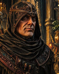 GRID THUMBNAIL — Portrait of a hooded male alchemist in ornate leather armour, vials at his chest, standing in a candlelit hall with gilded details.