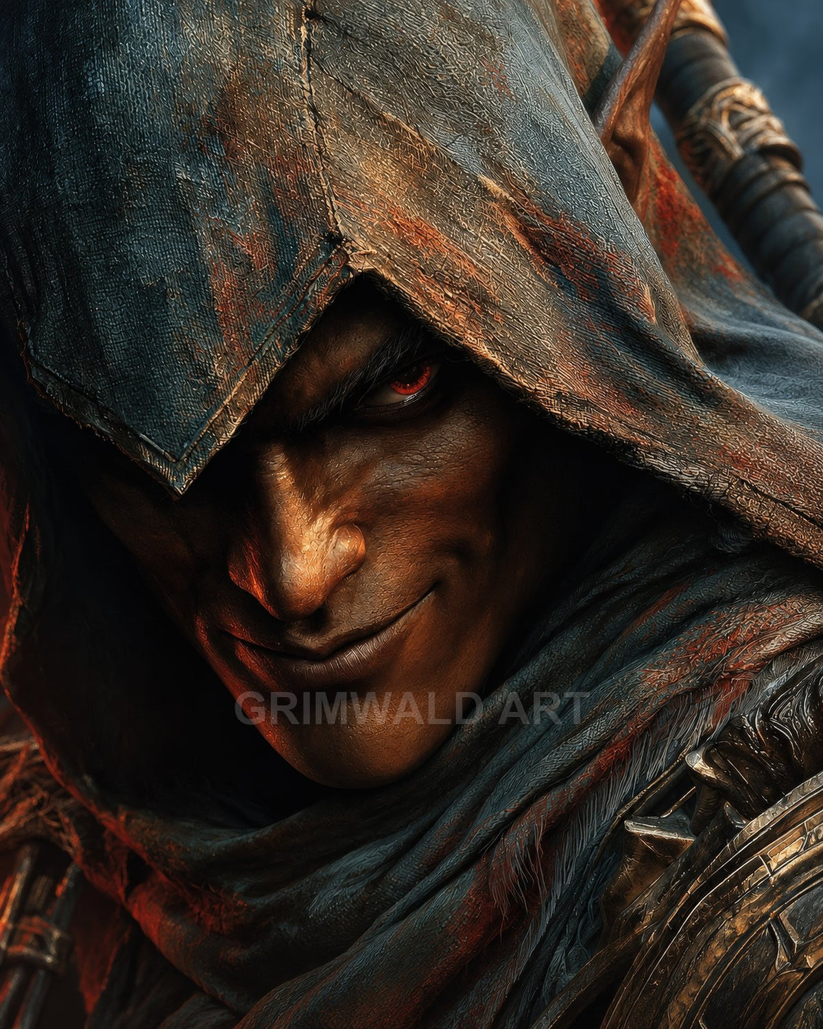 Close-up of a hooded elf with pointed ear, red-glowing eye and sly smile, firelit shadows across worn cloak and armour.