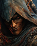 GRID THUMBNAIL — Close-up of a hooded elf with pointed ear, red-glowing eye and sly smile, firelit shadows across worn cloak and armour.