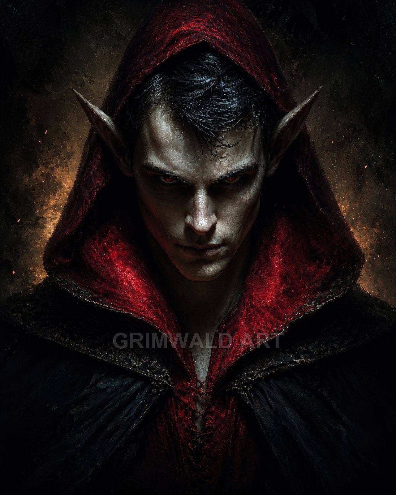 Close-up portrait of a hooded elf with red eyes and pointed ears, wearing a red cloak, lit by fiery glow against a dark background.