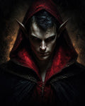 GRID THUMBNAIL — Close-up portrait of a hooded elf with red eyes and pointed ears, wearing a red cloak, lit by fiery glow against a dark background.