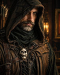 GRID THUMBNAIL — Bearded hooded male rogue in layered leather armour with a skull brooch, posed indoors by warm candlelight, quiver of arrows blurred behind.