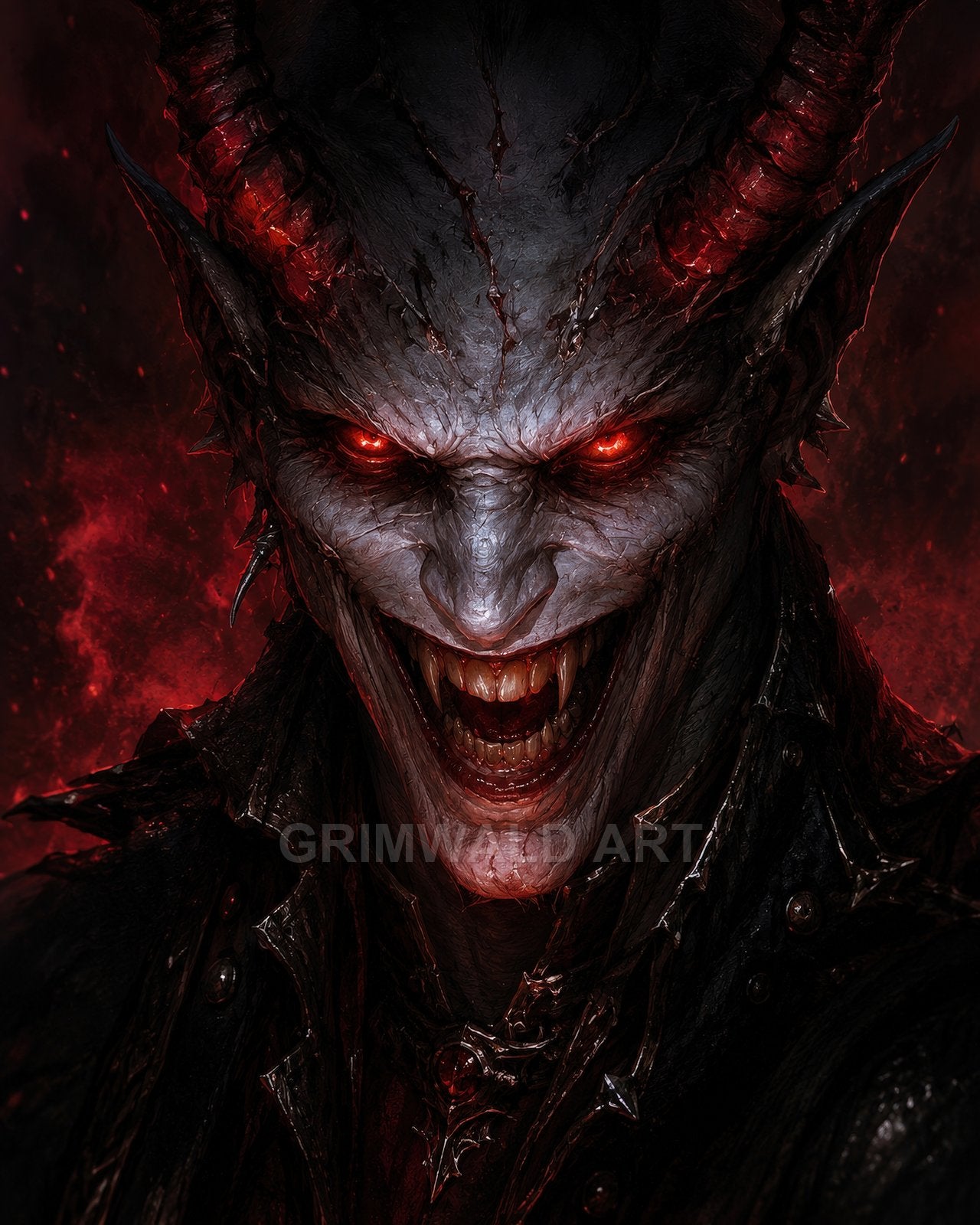 Close-up portrait of a horned demon with glowing red eyes, cracked grey skin and a fanged grin, in dark spiked armour against fiery shadows.