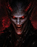 GRID THUMBNAIL — Close-up portrait of a horned demon with glowing red eyes, cracked grey skin and a fanged grin, in dark spiked armour against fiery shadows.