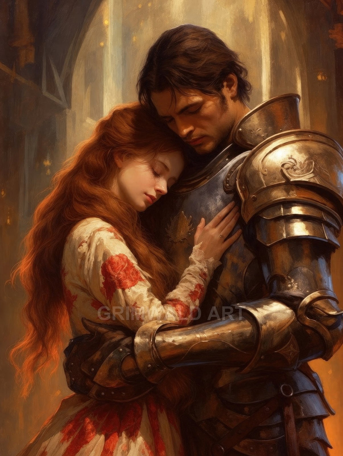 A red-haired woman in a floral dress embraces a weary knight in ornate plate armour, lit by warm firelight inside a grand, vaulted hall.