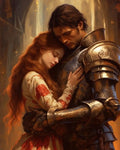 GRID THUMBNAIL — A red-haired woman in a floral dress embraces a weary knight in ornate plate armour, lit by warm firelight inside a grand, vaulted hall.