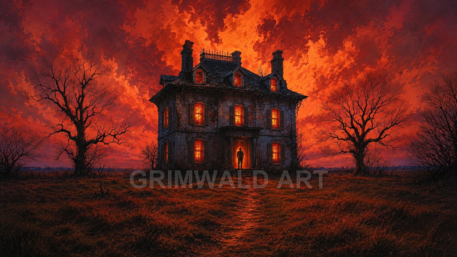An old stone mansion with glowing windows stands between leafless trees under a blazing red sunset sky, a path leading across a dark field.