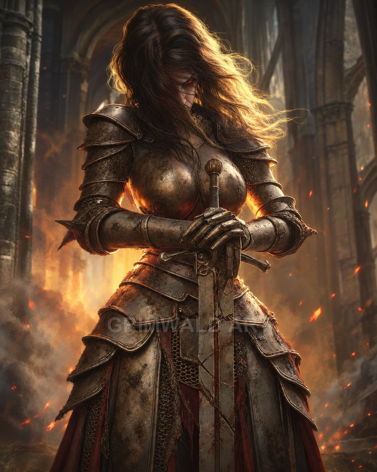 Armoured female warrior stands in a firelit cathedral, head bowed, gripping a weathered longsword, embers drifting amid smoke and towering stone arches.