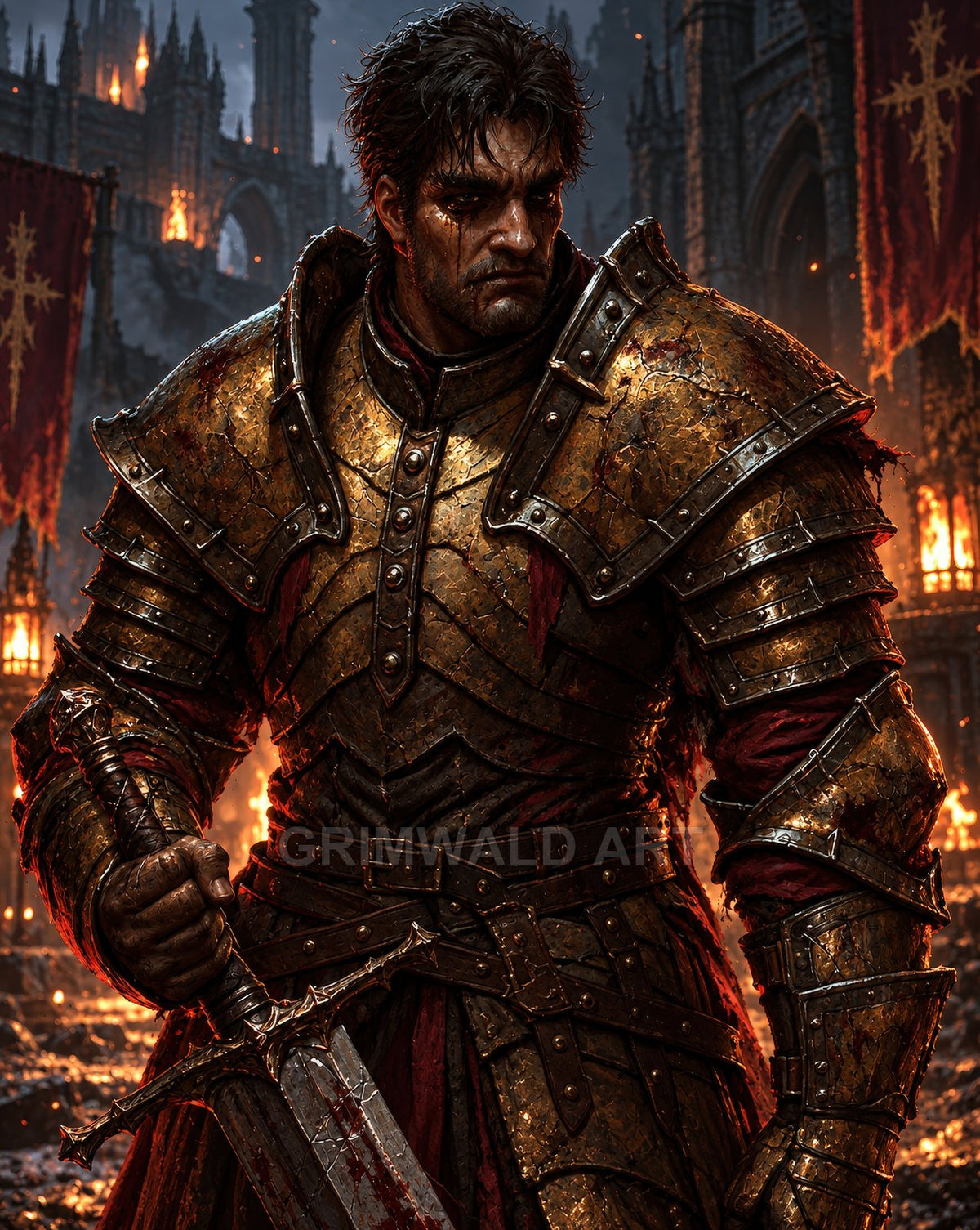 A grim male knight in battered golden plate armour grips a bloodstained sword before a burning Gothic castle, embers swirling and crimson banners aflame.