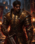 GRID THUMBNAIL — A grim male knight in battered golden plate armour grips a bloodstained sword before a burning Gothic castle, embers swirling and crimson banners aflame.