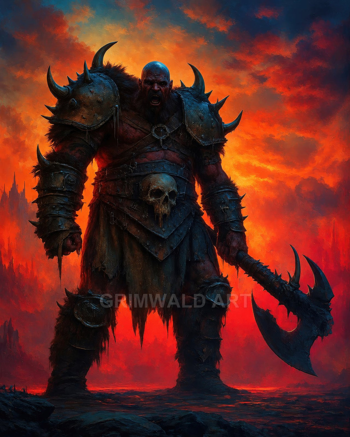 A massive orc warrior in spiked armour stands before a fiery sky, gripping a double-bladed axe, skull trophy at his belt, amid rugged rocky ground.