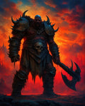 GRID THUMBNAIL — A massive orc warrior in spiked armour stands before a fiery sky, gripping a double-bladed axe, skull trophy at his belt, amid rugged rocky ground.