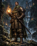 GRID THUMBNAIL — Armoured male paladin holds a glowing magical orb, standing amid rocky mountain ruins and cascading waterfalls, sword at his side under moody twilight skies.