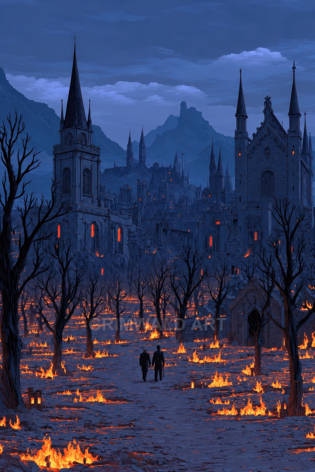Nighttime scene of a gothic city with spires beyond a firelit path through leafless trees, two small figures walking amid scattered flames and lanterns.