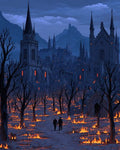 GRID THUMBNAIL — Nighttime scene of a gothic city with spires beyond a firelit path through leafless trees, two small figures walking amid scattered flames and lanterns.