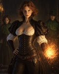 GRID THUMBNAIL — Red-haired sorceress in an embossed leather corset conjures a blazing fireball in a dim, candlelit interior, flanked by two green-cloaked figures.