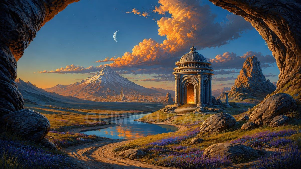 Fantasy valley with a domed stone temple glowing with fire beside a winding river, distant snow-capped mountain, crescent moon, and golden clouds at sunset.