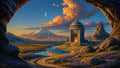 GRID THUMBNAIL — Fantasy valley with a domed stone temple glowing with fire beside a winding river, distant snow-capped mountain, crescent moon, and golden clouds at sunset.