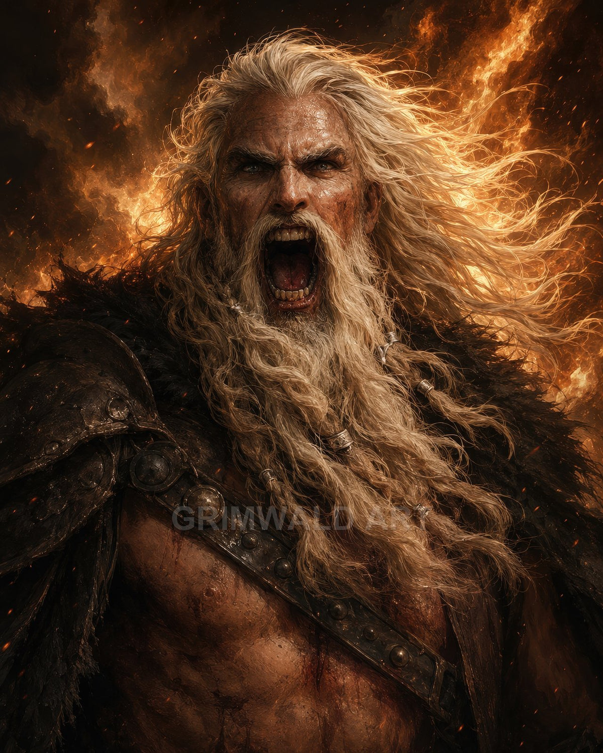A battle-scarred older male warrior with long white hair and beard roaring amid flying embers, leather and fur armour against blazing firelight.