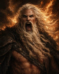GRID THUMBNAIL — A battle-scarred older male warrior with long white hair and beard roaring amid flying embers, leather and fur armour against blazing firelight.
