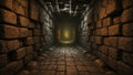 GRID THUMBNAIL — Long stone dungeon corridor with uneven cobbled floor, heavy block walls and iron-barred cells, glowing with warm firelight that fades into a distant haze.