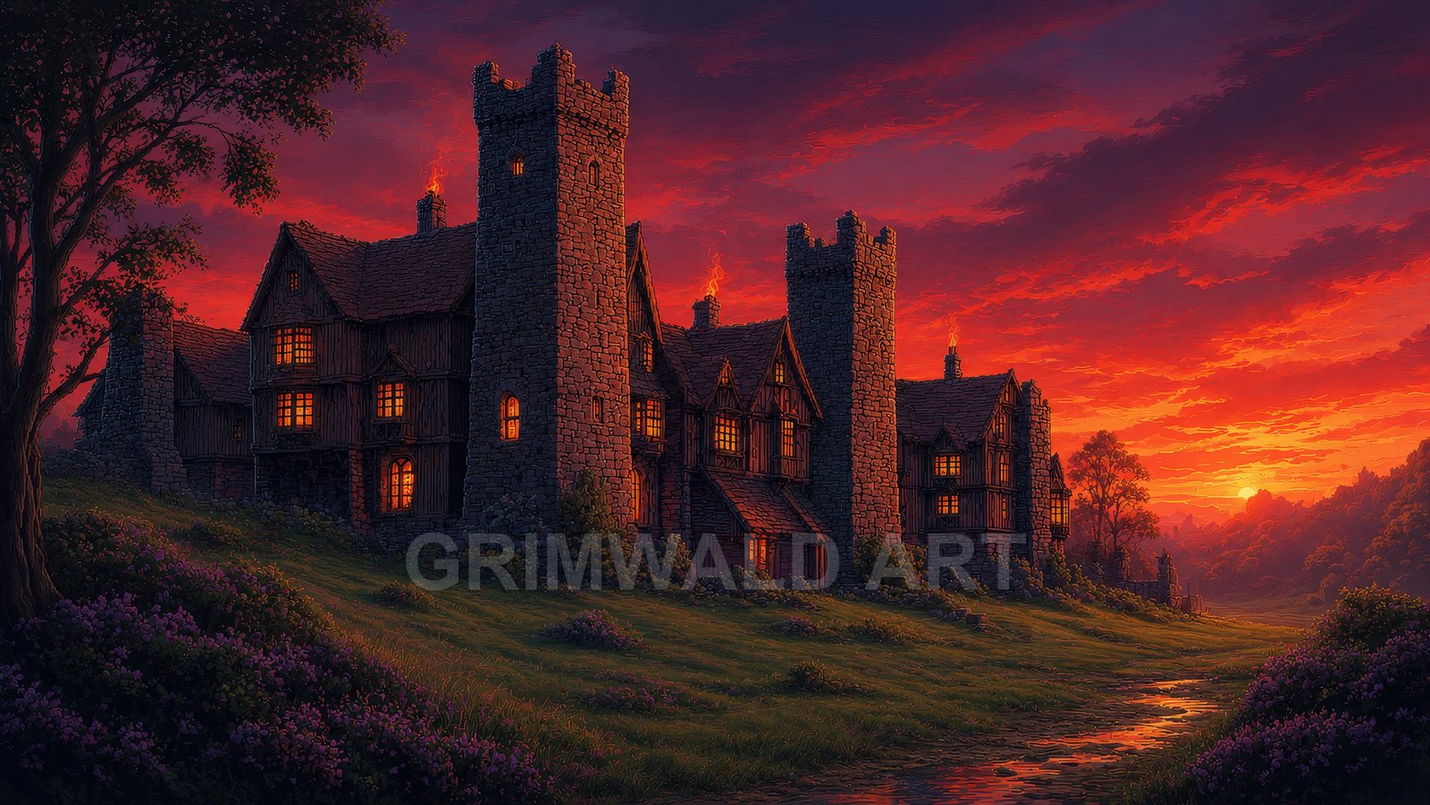 Stone castle towers and timbered houses glow with firelight beside a grassy path under a vivid orange-red sunset sky in a tranquil countryside.