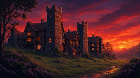 GRID THUMBNAIL — Stone castle towers and timbered houses glow with firelight beside a grassy path under a vivid orange-red sunset sky in a tranquil countryside.