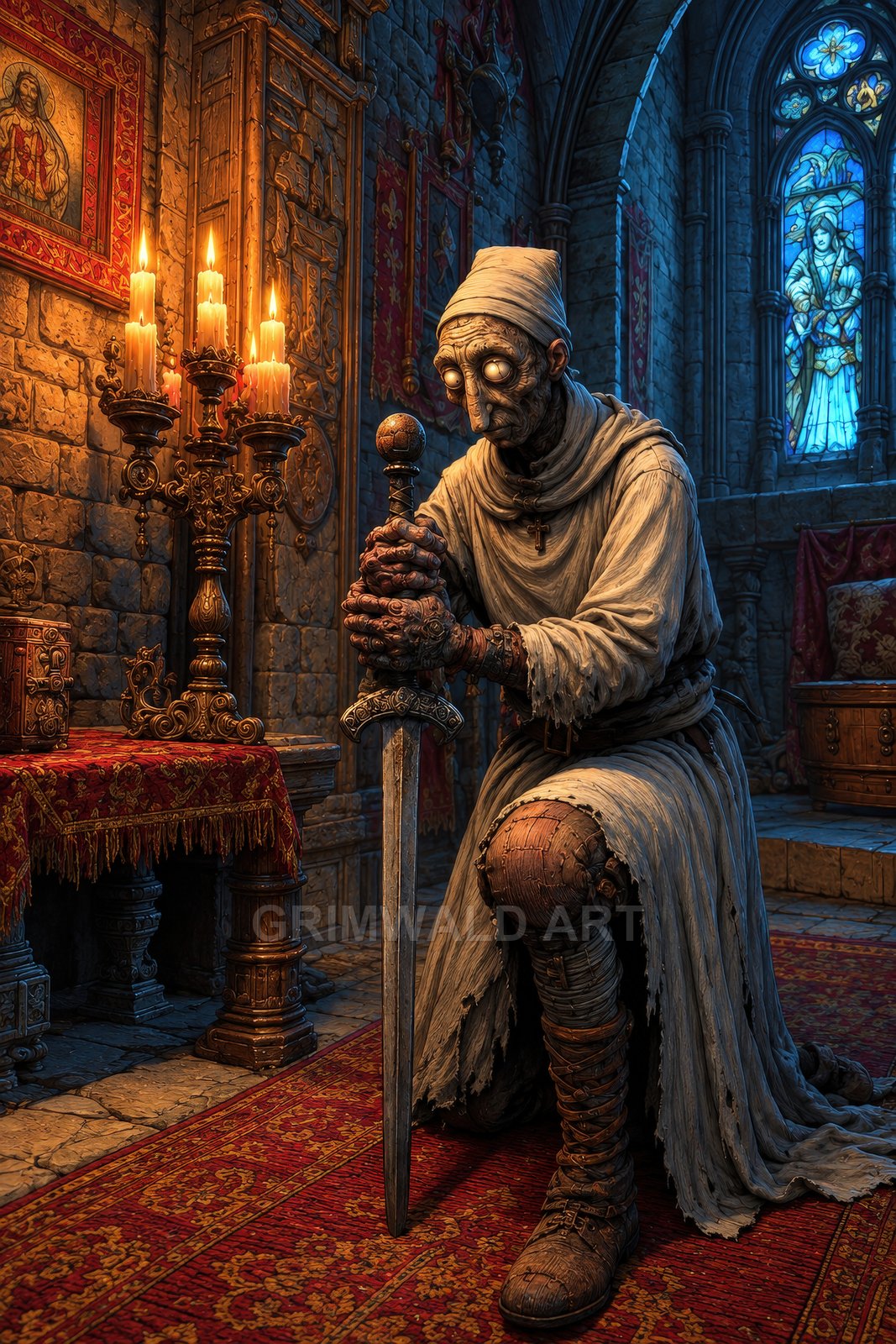 An undead robed figure kneels in a gothic cathedral, clutching a longsword, glowing eyes lit by candles and moonlight through stained glass.