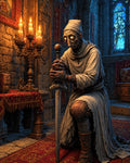 GRID THUMBNAIL — An undead robed figure kneels in a gothic cathedral, clutching a longsword, glowing eyes lit by candles and moonlight through stained glass.